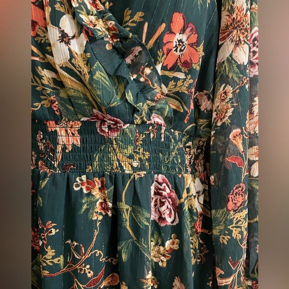 Maurices Brand NWT Green Floral Lurex Ruffle Trim Skater Dress Size Medium - Picture 7 of 9